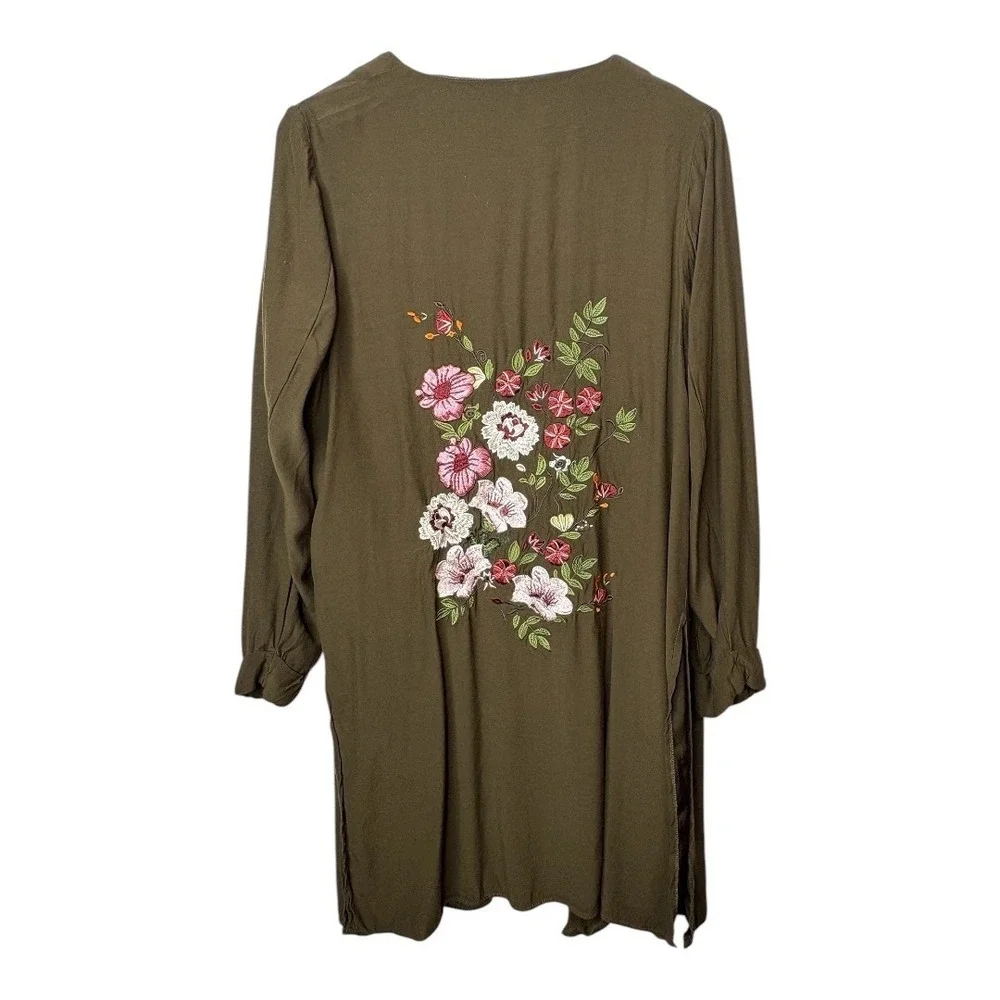 Gibson Latimer Duster Cardigan Womens 1X Olive Green Floral Embroidered Long‎